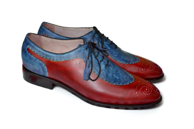 Crafted Leather Bespoke Handmade Classic Blue Patina and Red Calf Unique Oxford Style Lace up Dress Wedding Shoes