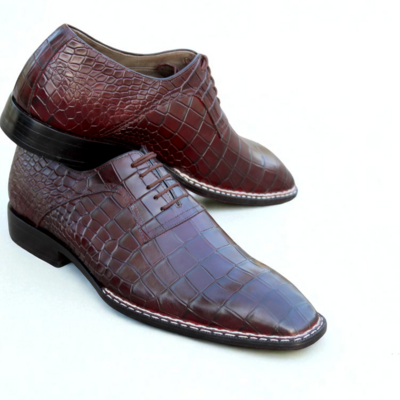 Crafted leather handmade brown oxford crocodile /  alligator skin hand-sewn in sole dress shoes