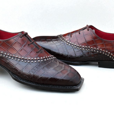 Crafted leather luxury handmade mens unique brown crocodile texture leather alligator dress fashion shoes