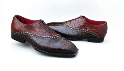 Crafted Leather Luxury Handmade Mens Unique Brown Crocodile Texture Leather Alligator Dress Fashion Shoes
