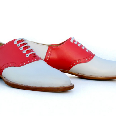 Crafted leather handmade men two tone lace up red white leather saddle golf shoes  - Thumbnail 1