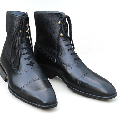 Crafted leather classic black calf leather lace up ankle high boot - Thumbnail 2