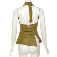 Solid color sexy backless PU leather sweet cool hot girl vest halter neck top - Thumbnail 3