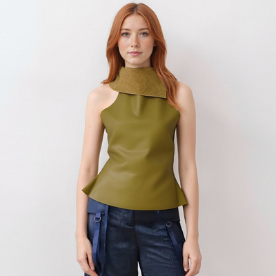 Solid color sexy backless pu leather sweet cool hot girl vest halter neck top - Thumbnail 1