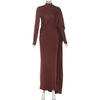Solid color high collar long sleeve waist hip-hugging ribbon dress - Thumbnail 3