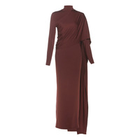 Solid color high collar long sleeve waist hip-hugging ribbon dress - Thumbnail 5