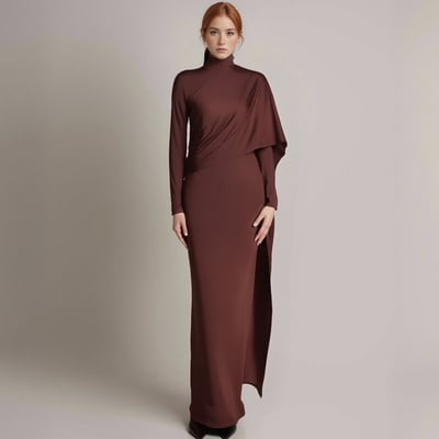 Solid color high collar long sleeve waist hip-hugging ribbon dress