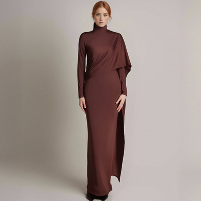 Solid color high collar long sleeve waist hip-hugging ribbon dress