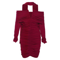 Sexy one-shoulder tube top long-sleeved pleated neck hip-hugging slim dress - Thumbnail 2