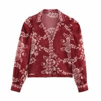 Simple casual ethnic style printed V-neck long-sleeved shirt - Thumbnail 2