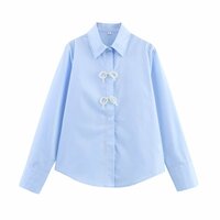 Pearl-embellished poplin long-sleeved lapel shirt - Thumbnail 1