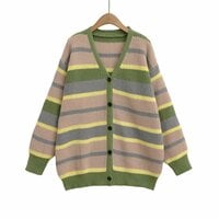 Fashionable and simple loose contrast color long-sleeved knitted cardigan jacket - Thumbnail 1
