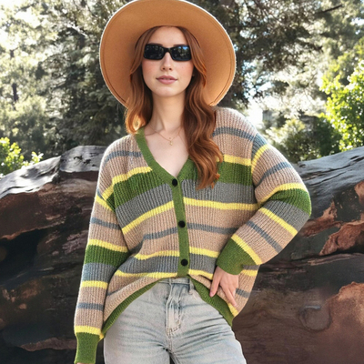 Fashionable and simple loose contrast color long-sleeved knitted cardigan jacket