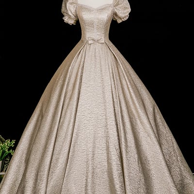 A-line champagne satin long prom party dress - Thumbnail 1