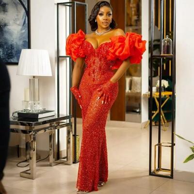 African aso ebi plus size prom dresses one-piece jumpsuits off shoulder sequined lace evening formal gowns for nigeria black women birthday