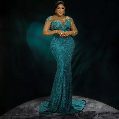 African aso ebi plus size prom dresses illusion mermaid lace evening dress long sleeves beaded birthday party gowns for african women