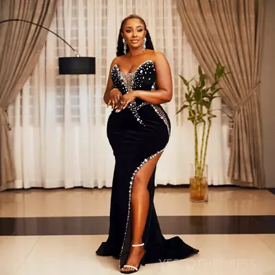 Plus Size Black Prom Dresses for Special Occasions Promdress Illusion Beaded Rhinestones Decorated Side Split Birthday Dress Second Reception Dress