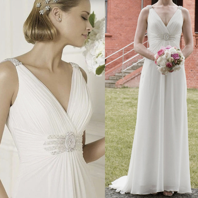 V Neck Wedding Dresses Bridal Gown Waist with Beading