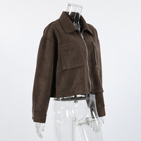 Long-sleeved suede jacket brown 2025 new small suit zipper top jacket - Thumbnail 3