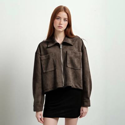 Long-sleeved suede jacket brown 2025 new small suit zipper top jacket