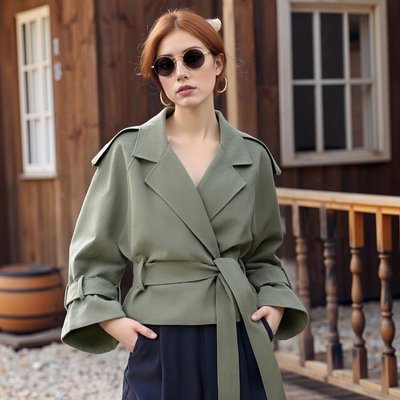 High-end French style large lapel tie trench coat 2025 autumn fashion temperament coat