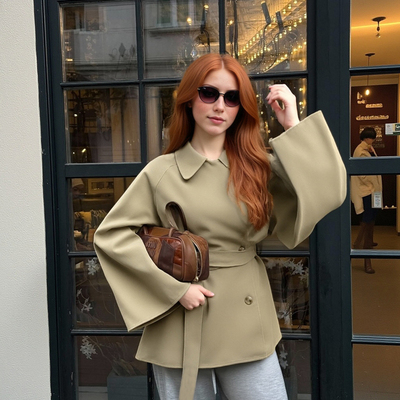 Women's design trench coat mid-length khaki jacket lace-up autumn long-sleeved coat