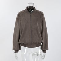 Retro Gray Suede Knitted V-Neck Fashion Long-Sleeved Loose Jacket - Thumbnail 3