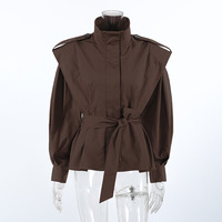 Women's versatile commuter trench coat with waist and tie-back lapel and long sleeves - Thumbnail 3