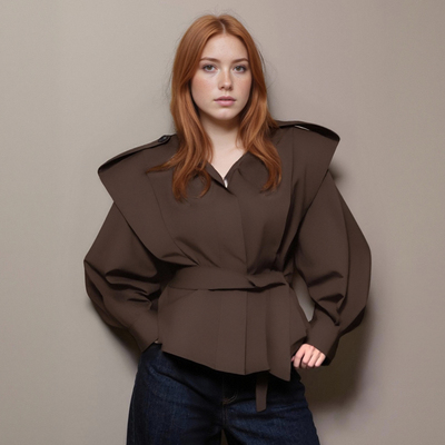 Women's versatile commuter trench coat with waist and tie-back lapel and long sleeves - Thumbnail 1