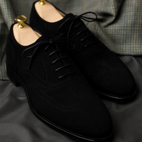 Rich Black Suede Formal Wingtip Structure Handmade Dress Shoes For Men - Thumbnail 1