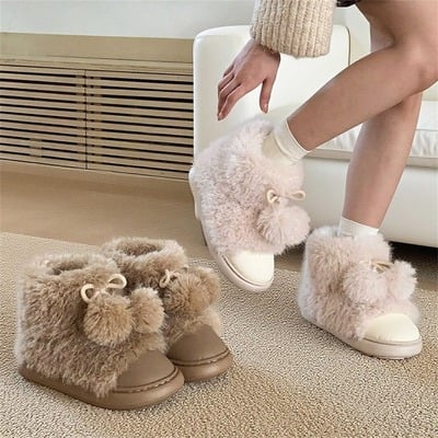 Cute fleece snow boots with pompom balls
