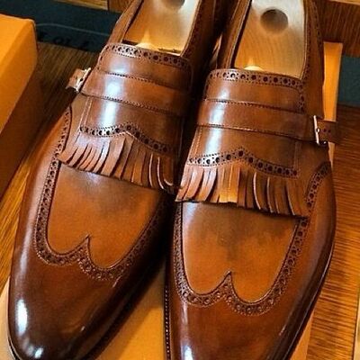 Brown leather classic style single monk fringe shoes handmade edition