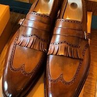 Brown Leather Classic Style Single Monk Fringe Shoes Handmade Edition - Thumbnail 1