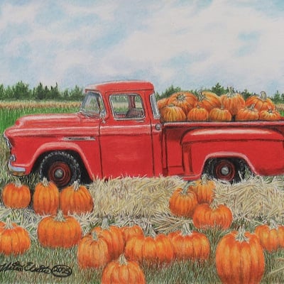 Truck load of pumpkins, original colored pencil artwork, by n.e.thompson size 9x12 inches
