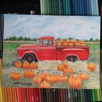 Truck Load Of Pumpkins, Original colored pencil artwork, By N.E.Thompson size 9x12 inches - Thumbnail 1