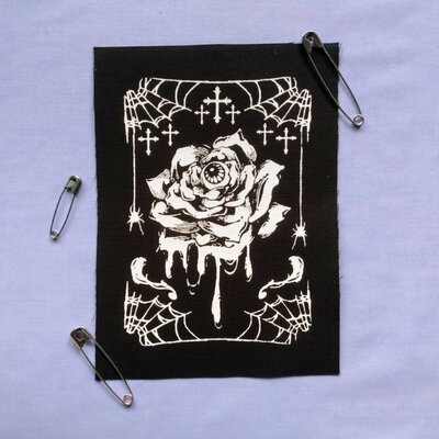 Melting eye ball rose with spider webs & crosses goth punk sew-on patches - Thumbnail 4