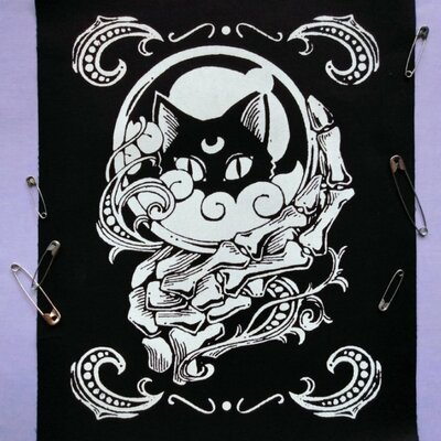 Crystal ball with black cat & skeleton hand goth punk sew-on patches (large version)