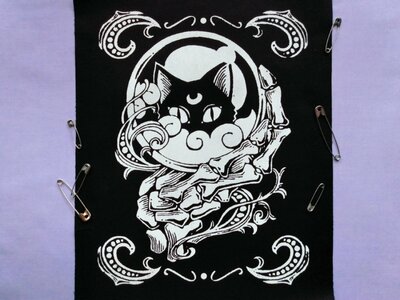 Crystal Ball with Black Cat & Skeleton Hand Goth Punk Sew-on Patches (Large version)