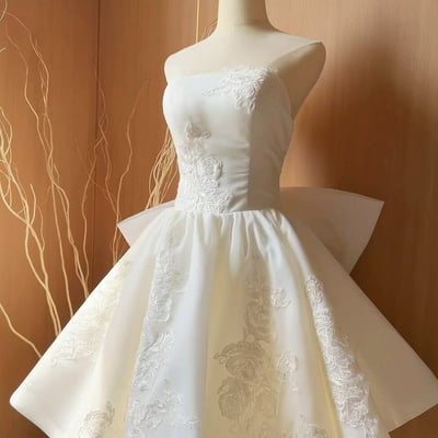 White lace strapless knee length prom party dress - Thumbnail 1