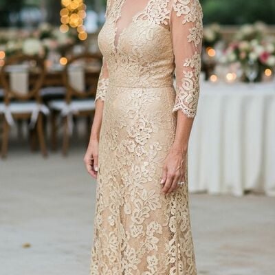 Champagne sheath lace mother of bride /groom evening formal gown