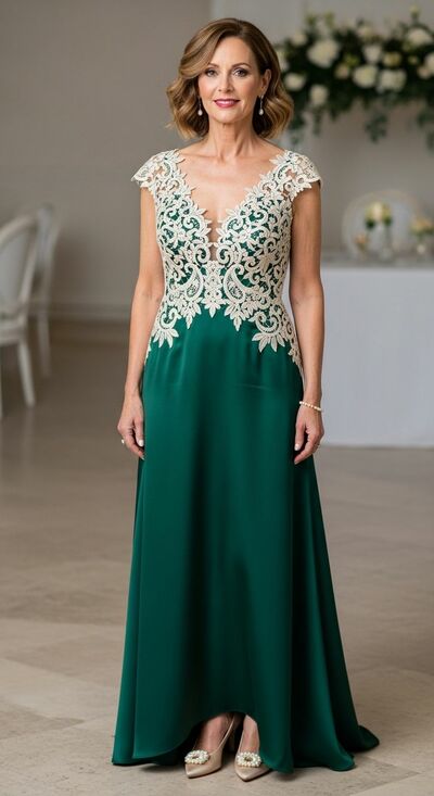 Green Mother Of Bride /Groom Dresses White Appliques Evening Formal Gown