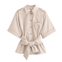 Street Fashion Casual Short Sleeve Shirt with Belt - Thumbnail 2