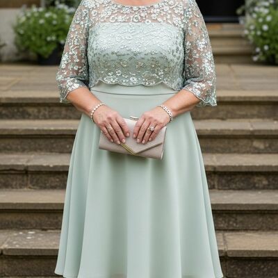 Light green tea-length chiffon lace mother of bride /groom dresses evening formal gown
