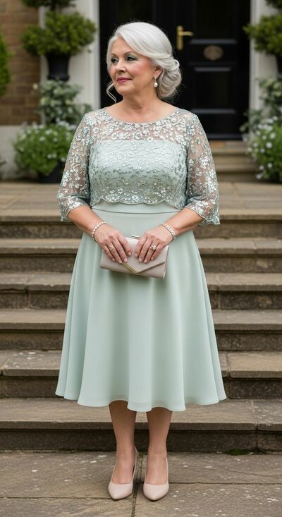 Light Green Tea-length Chiffon Lace Mother Of Bride /Groom Dresses Evening Formal Gown