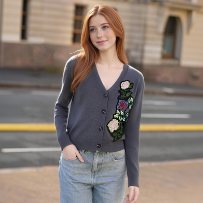 Street fashion flower embroidered knitted cardigan jacket - Thumbnail 3