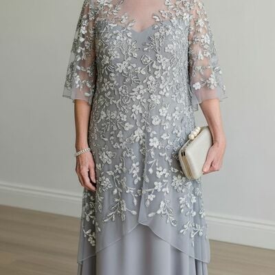 Plus size grey chiffon appliques mother of bride /groom dresses evening formal gown