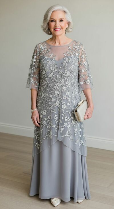 Plus Size Grey Chiffon Appliques Mother Of Bride /Groom Dresses Evening Formal Gown