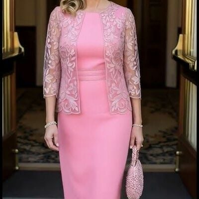 Pink sheath with lace jacket mother of bride/groom dresses evening formal gown