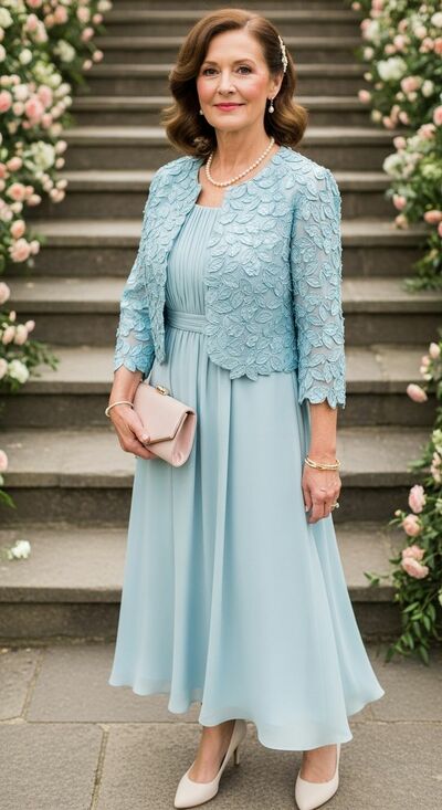 Blue Sheath with Lace Jacket Mother Of Bride/Groom Dresses Evening Formal Gown