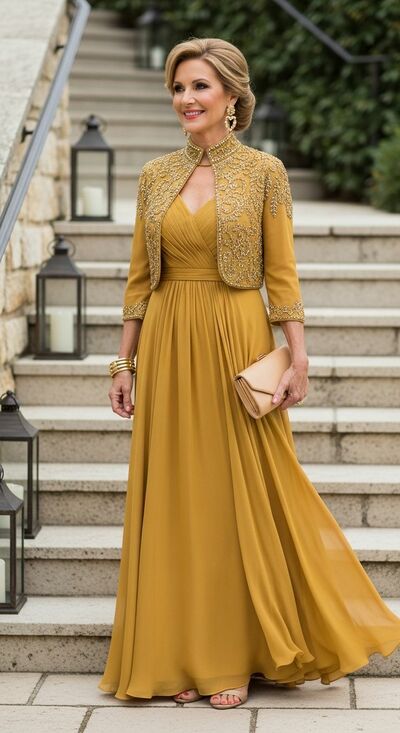 Plus Size Yellow Lace Jacket Mother Of Bride /Groom Dresses Evening Formal Gown